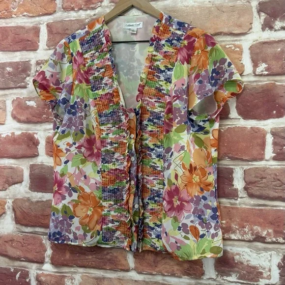 Coldwater Creek Blouse Women's Large Multicolor Floral Ruffle Button Front Shirt - Picture 3 of 9